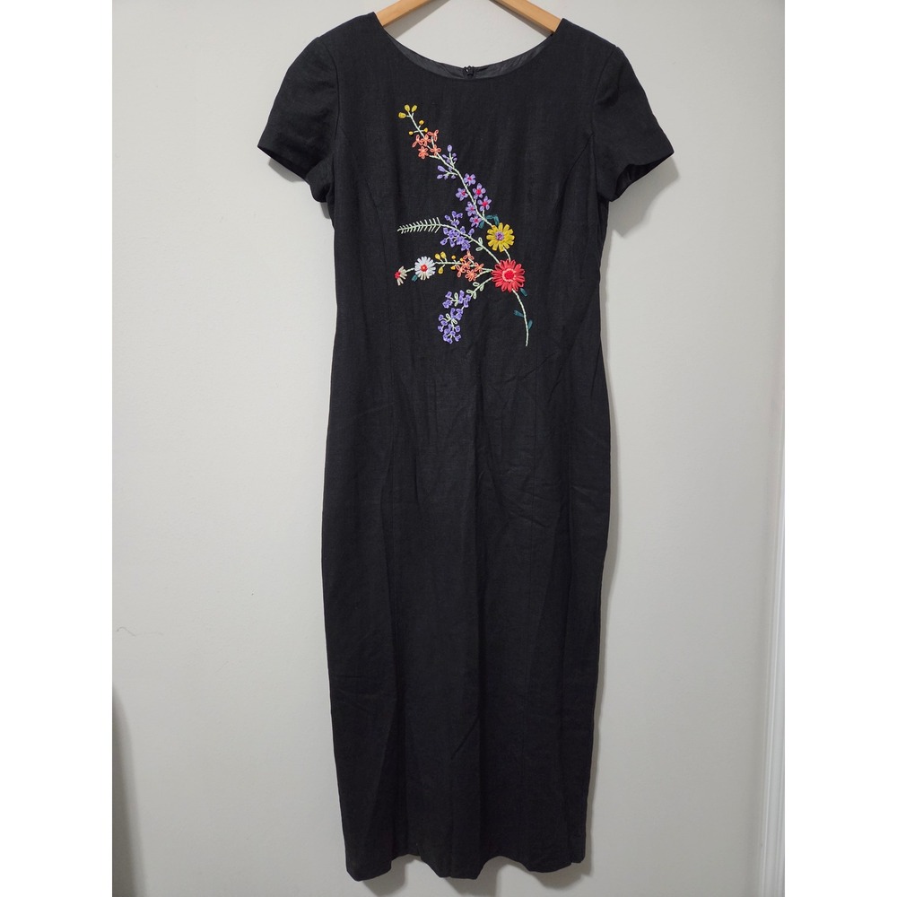 Positive Attitude Black Linen Blend Floral Embroidered Midi Sheath Dress Size 8